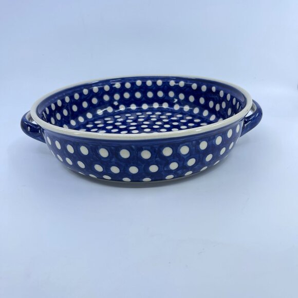 vintage polish pottery round casserole with handles "polka dot" pattern handcraf - Picture 2 of 6